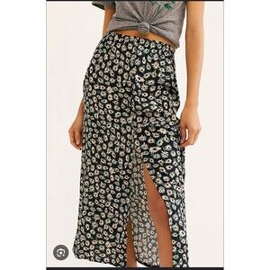 Free People Katie Button Front Skirt Floral Black Size S